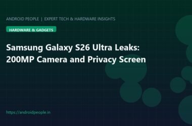 Samsung Galaxy S26 Ultra render showing titanium frame, camera housing, and hardware privacy screen